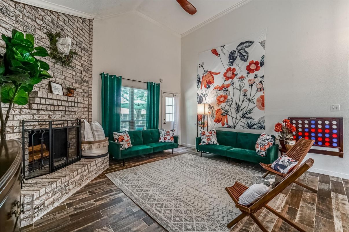 Fireplace, Interior, Living room, Stone Walls, Wood Texture Flooring