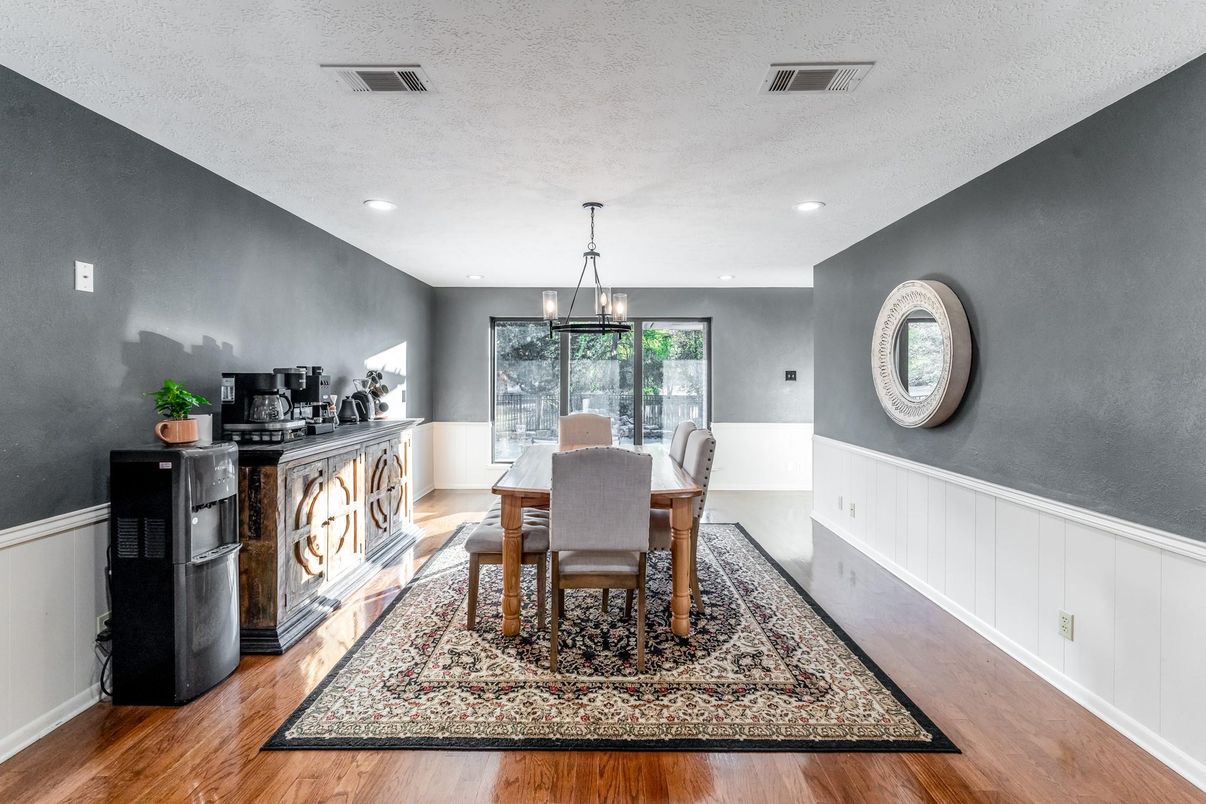 Dining room, Interior, Pendant Lights, Recessed Lighting, Wood Texture Flooring