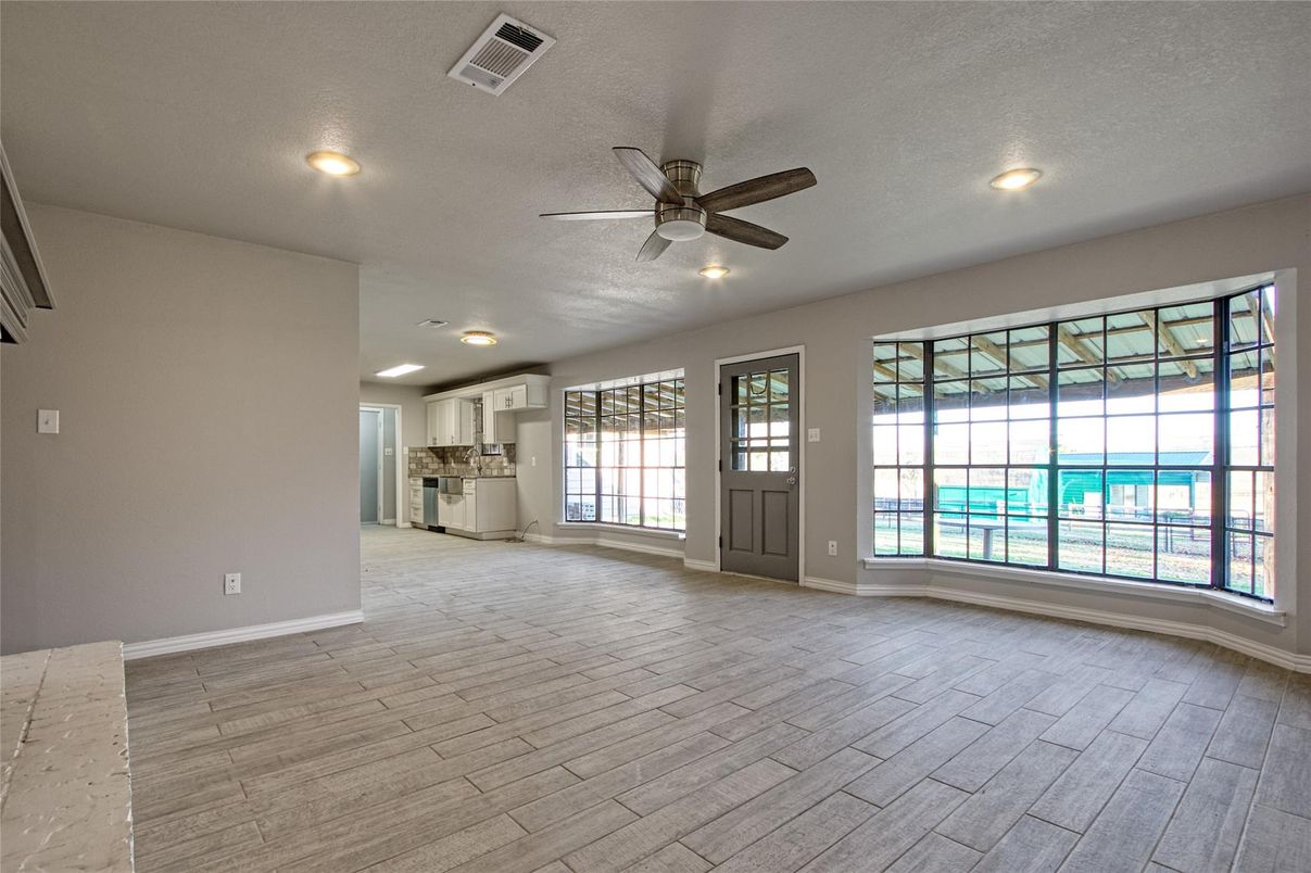Empty room, Interior, Kitchen, Recessed Lighting, Wood Texture Flooring