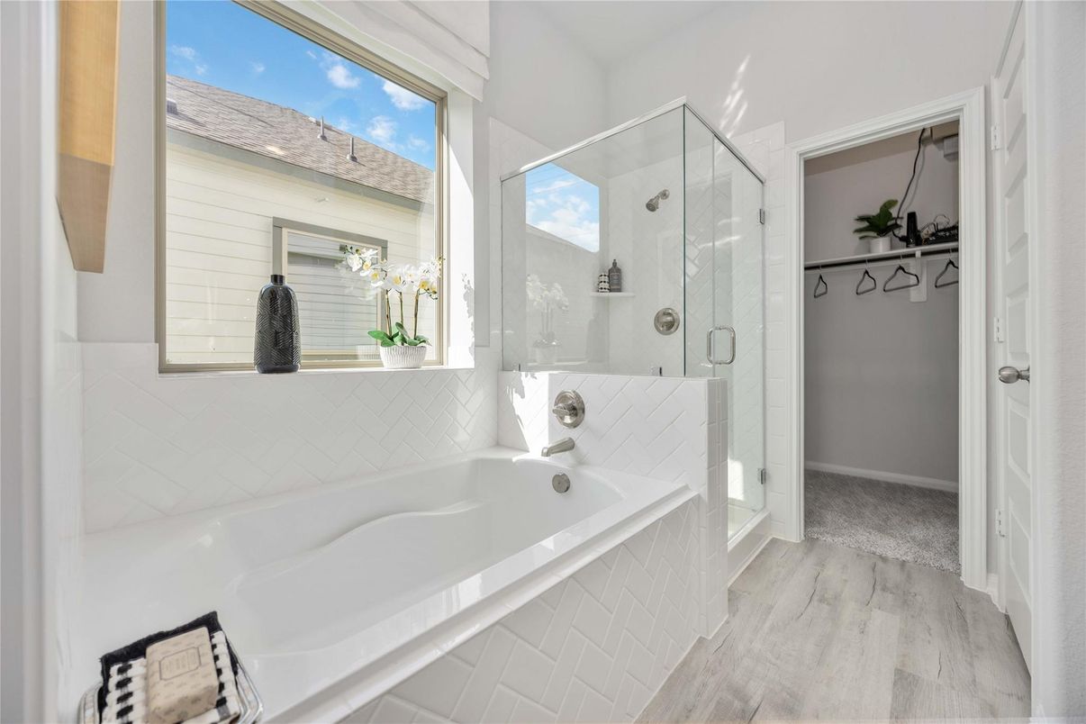 Bathroom, Glass Shower, Interior, Wood Texture Flooring