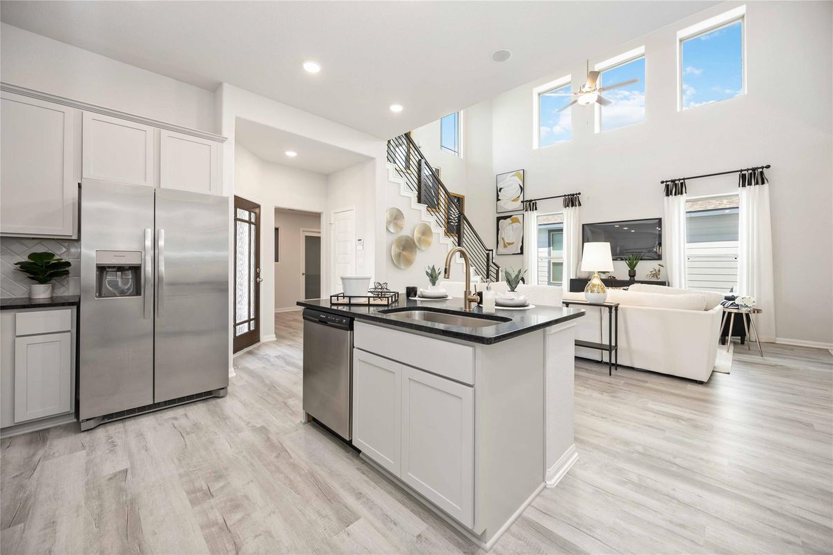 Interior, Kitchen, Living room, Recessed Lighting, Stainless Steel Appliances, Wood Texture Flooring