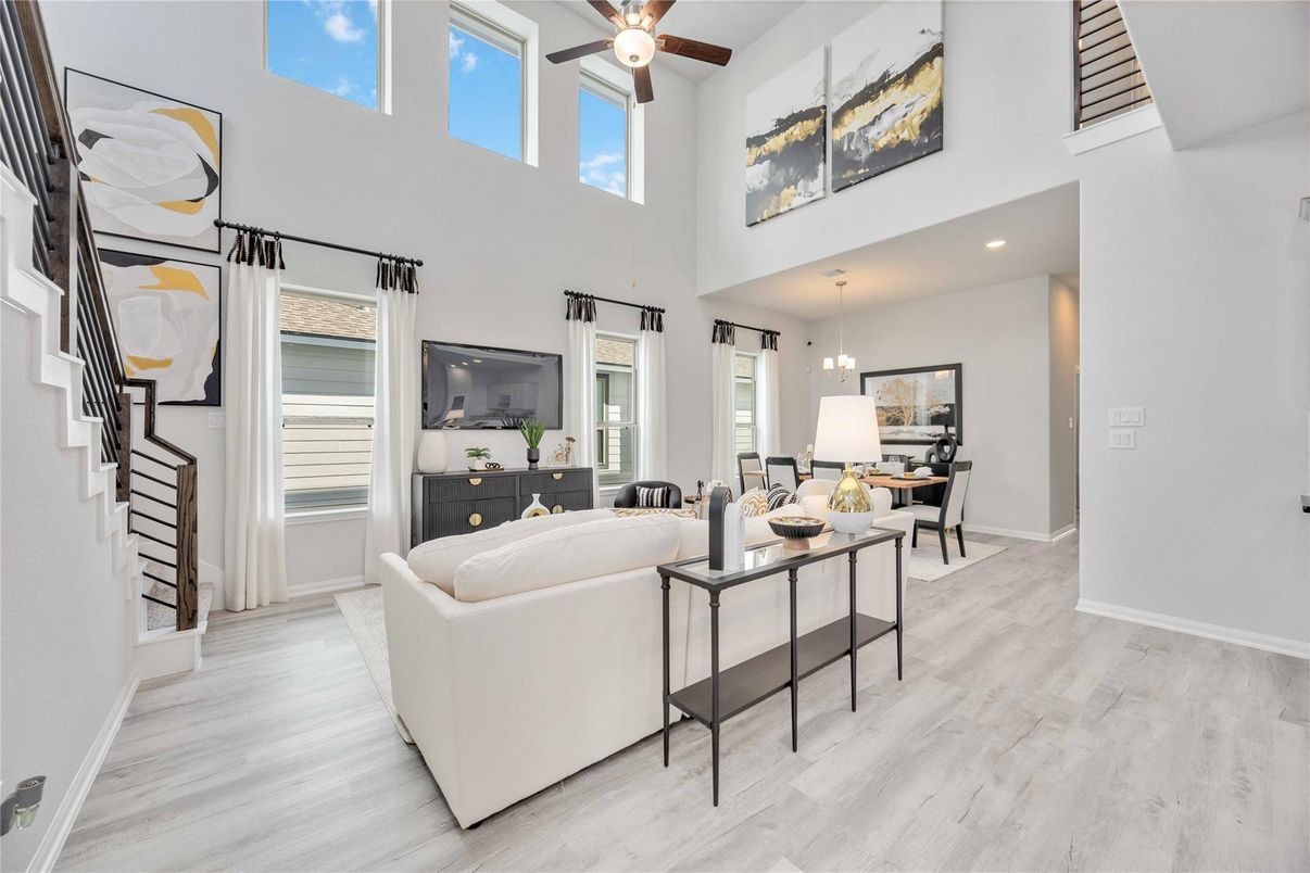 Dining room, Interior, Living room, Pendant Lights, Recessed Lighting, Wood Texture Flooring