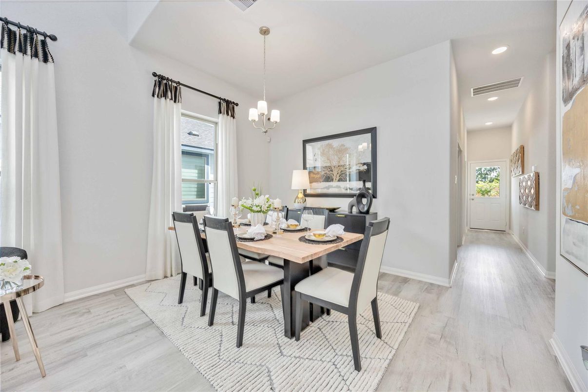 Dining room, Interior, Pendant Lights, Recessed Lighting, Wood Texture Flooring