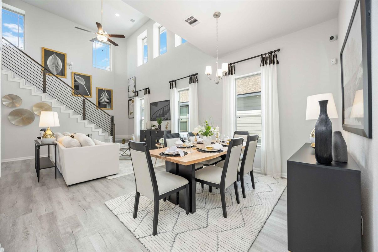 Dining room, Interior, Living room, Pendant Lights, Recessed Lighting, Wood Texture Flooring