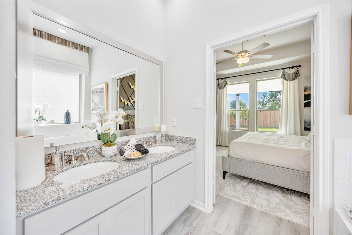 Bathroom, Bedroom, Dual Sink Vanities, Interior, Recessed Lighting, Wood Texture Flooring