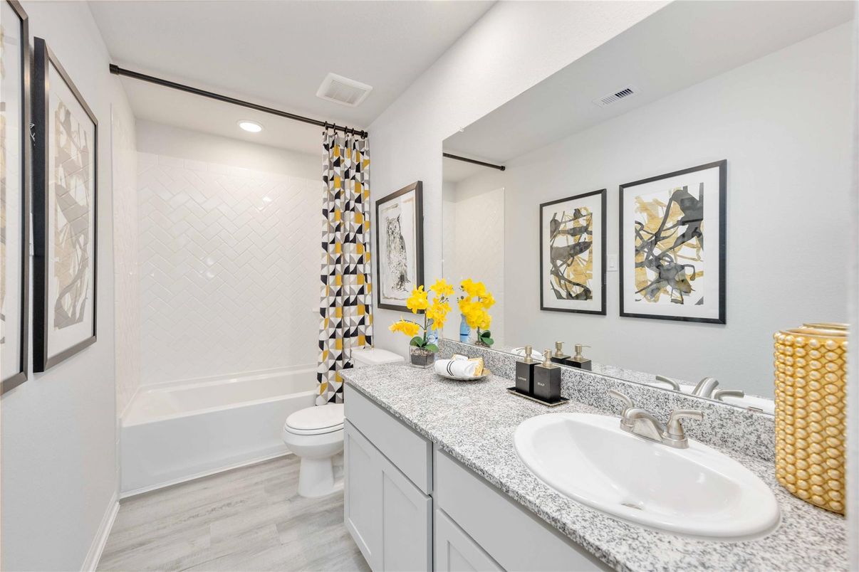 Bathroom, Dual Sink Vanities, Interior, Recessed Lighting, Wood Texture Flooring