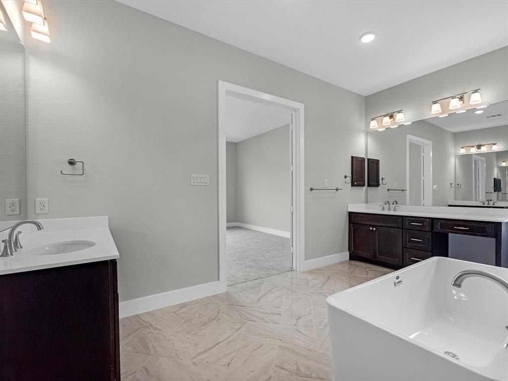 Bathroom, Dual Sink Vanities, Free Standing Baths, Interior, Marble, Recessed Lighting