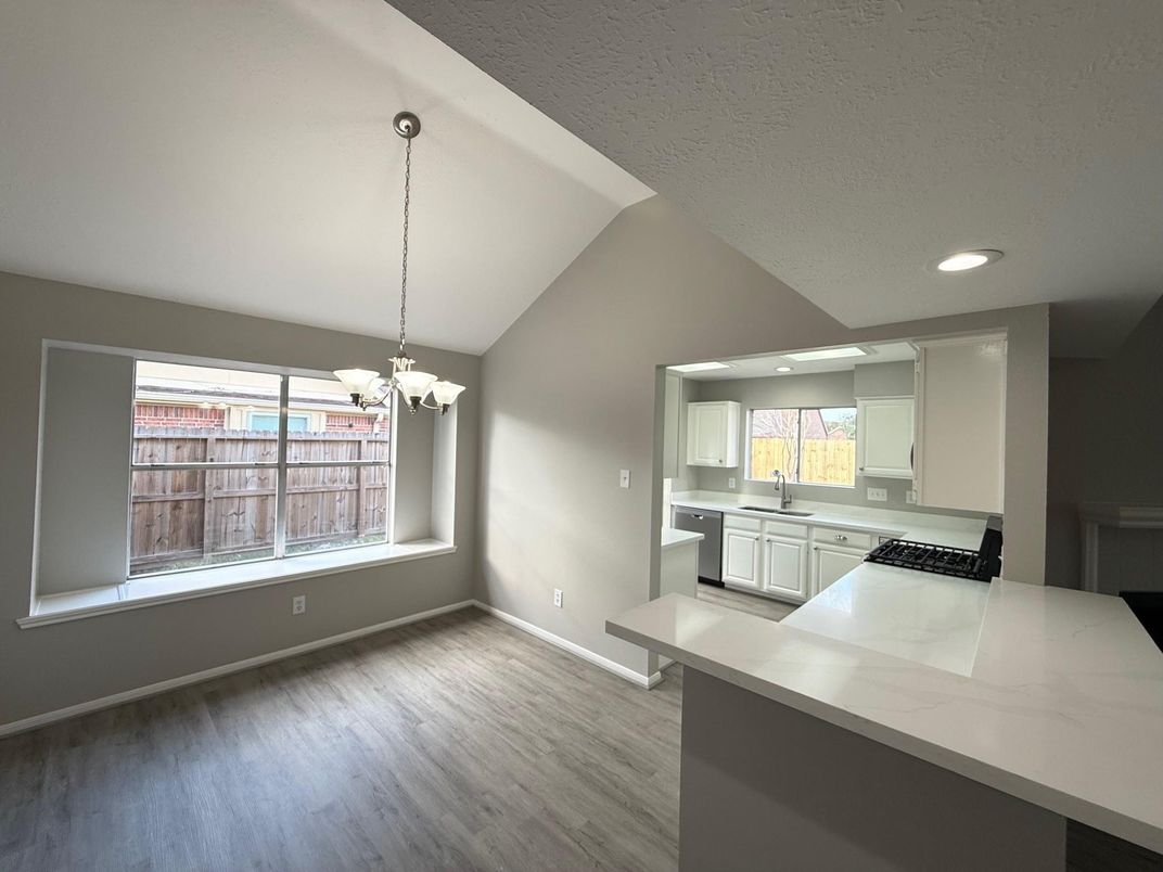 Chandelier, Interior, Kitchen, Pendant Lights, Recessed Lighting, Wood Texture Flooring