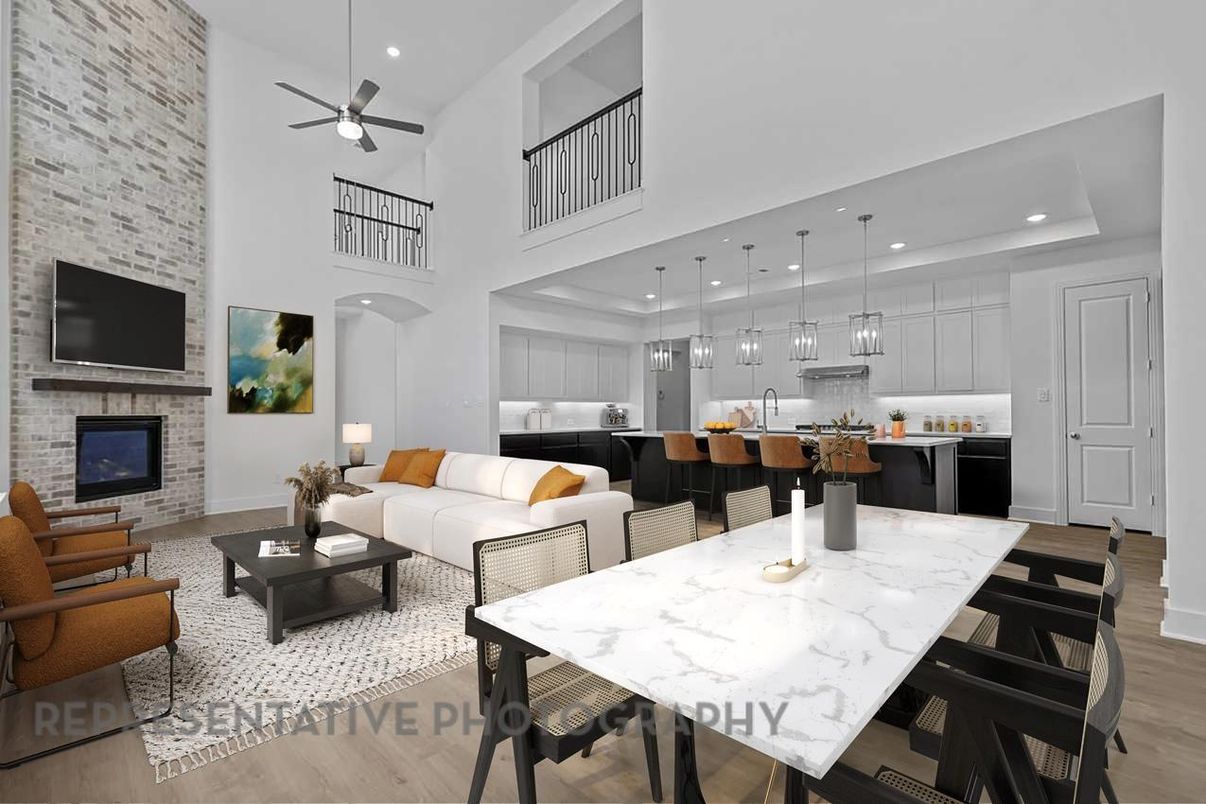 Dining room, Fireplace, Interior, Kitchen, Living room, Pendant Lights, Recessed Lighting, Stone Walls, Wood Texture Flooring