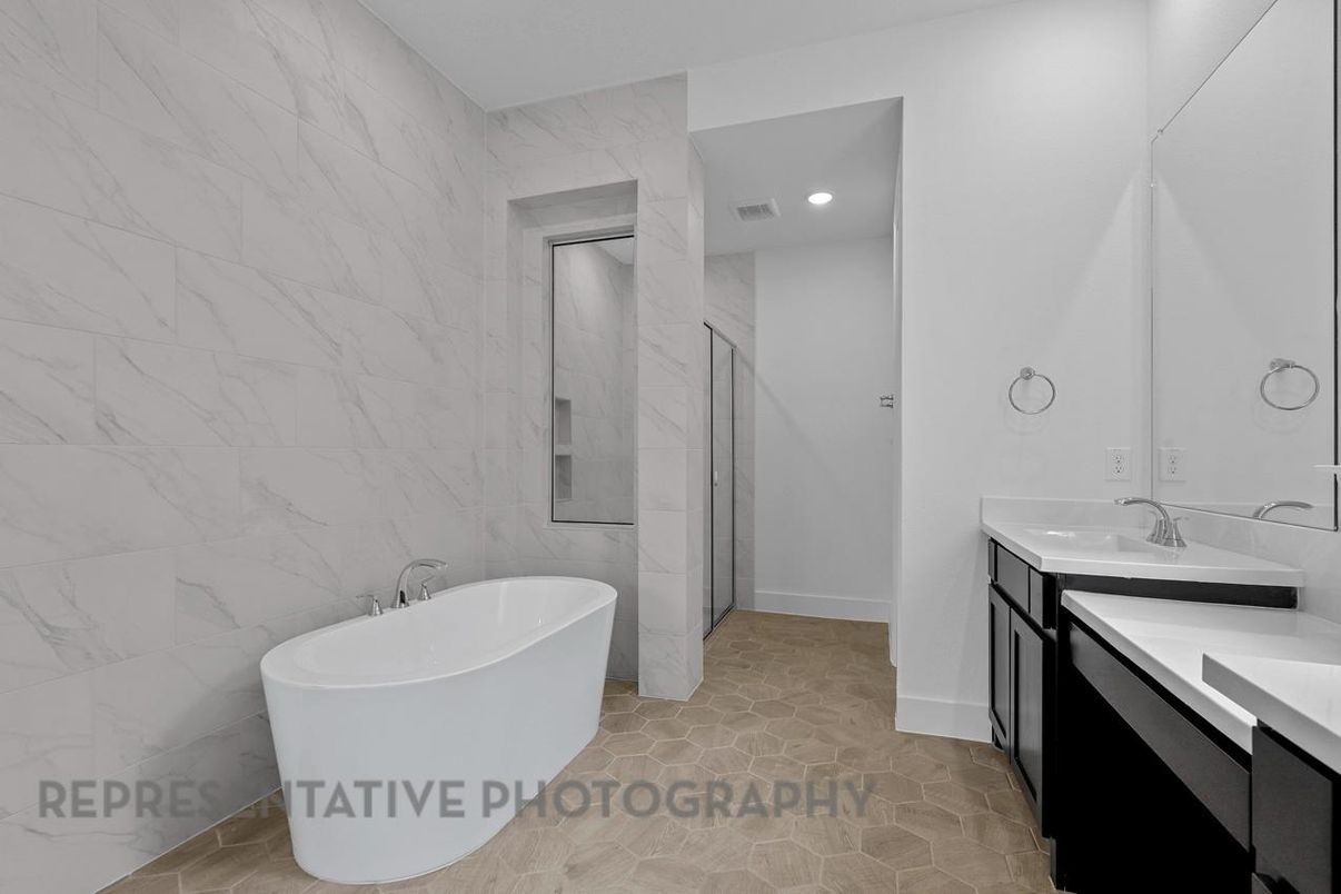 Bathroom, Dual Sink Vanities, Free Standing Baths, Interior, Marble Walls, Recessed Lighting