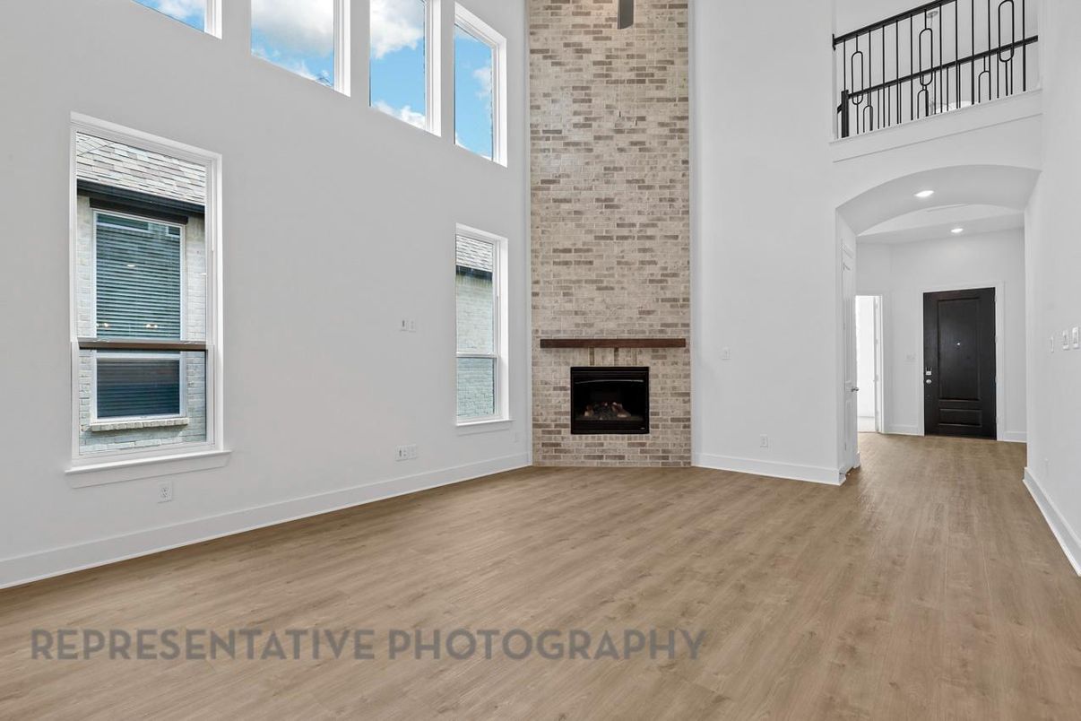 Fireplace, Interior, Recessed Lighting, Stone Walls, Wood Texture Flooring