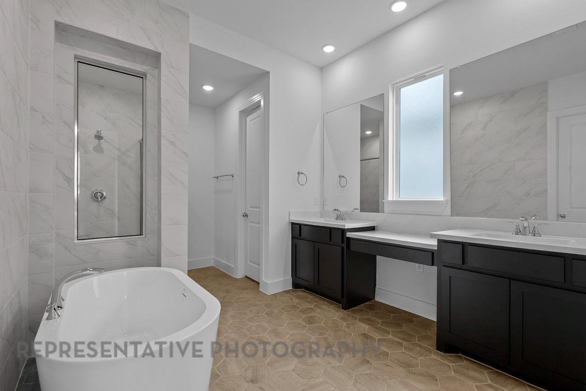 Bathroom, Dual Sink Vanities, Free Standing Baths, Interior, Marble Walls, Recessed Lighting