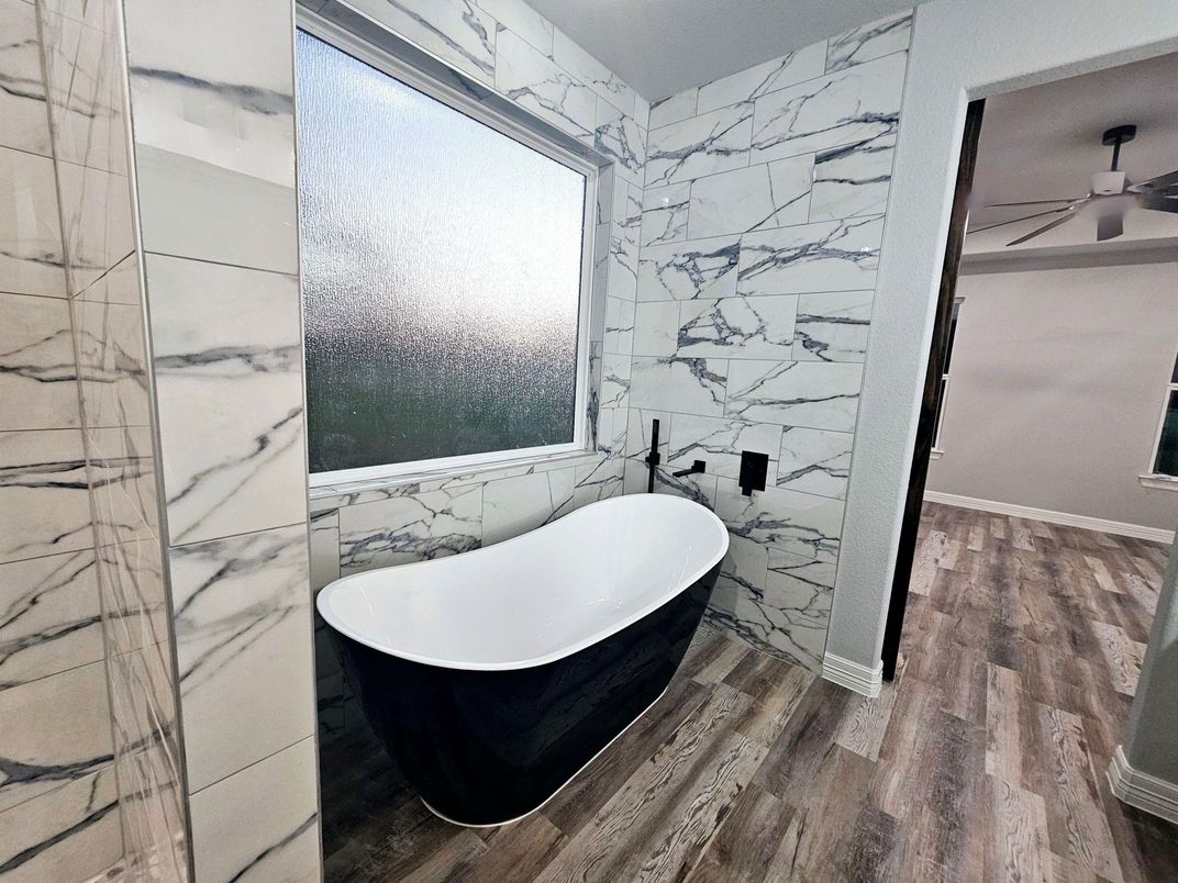Bathroom, Free Standing Baths, Interior, Marble Walls, Wood Texture Flooring