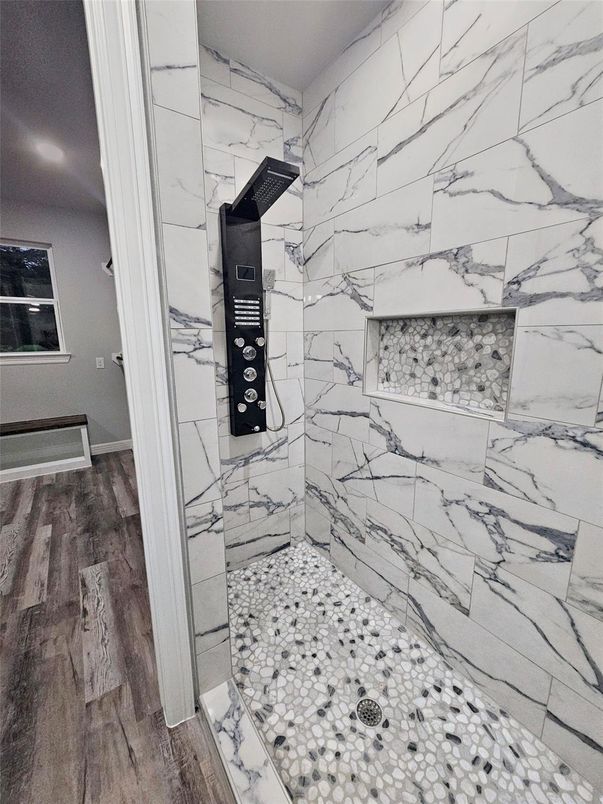 Bathroom, Interior, Marble Walls, Wood Texture Flooring