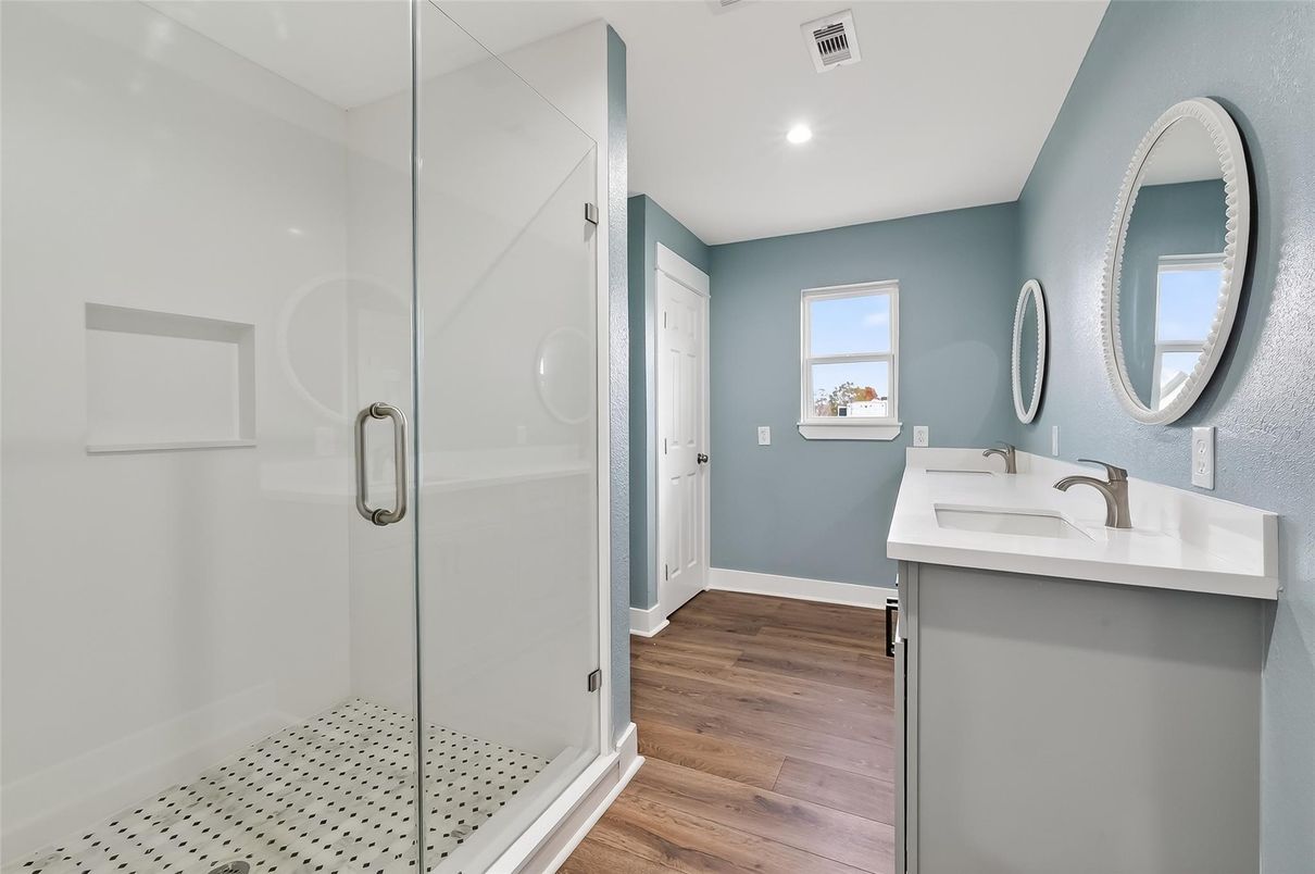 Bathroom, Glass Shower, Interior, Recessed Lighting, Wood Texture Flooring