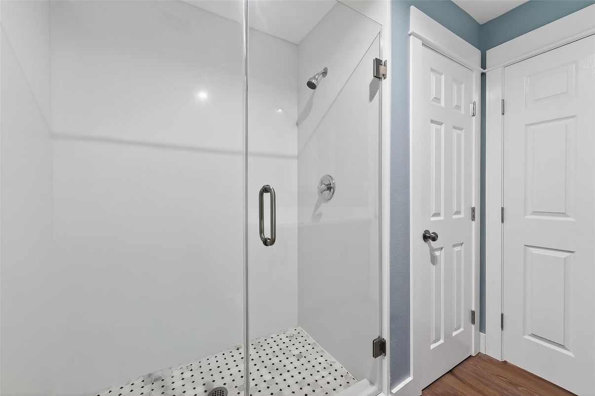 Bathroom, Glass Shower, Interior, Wood Texture Flooring