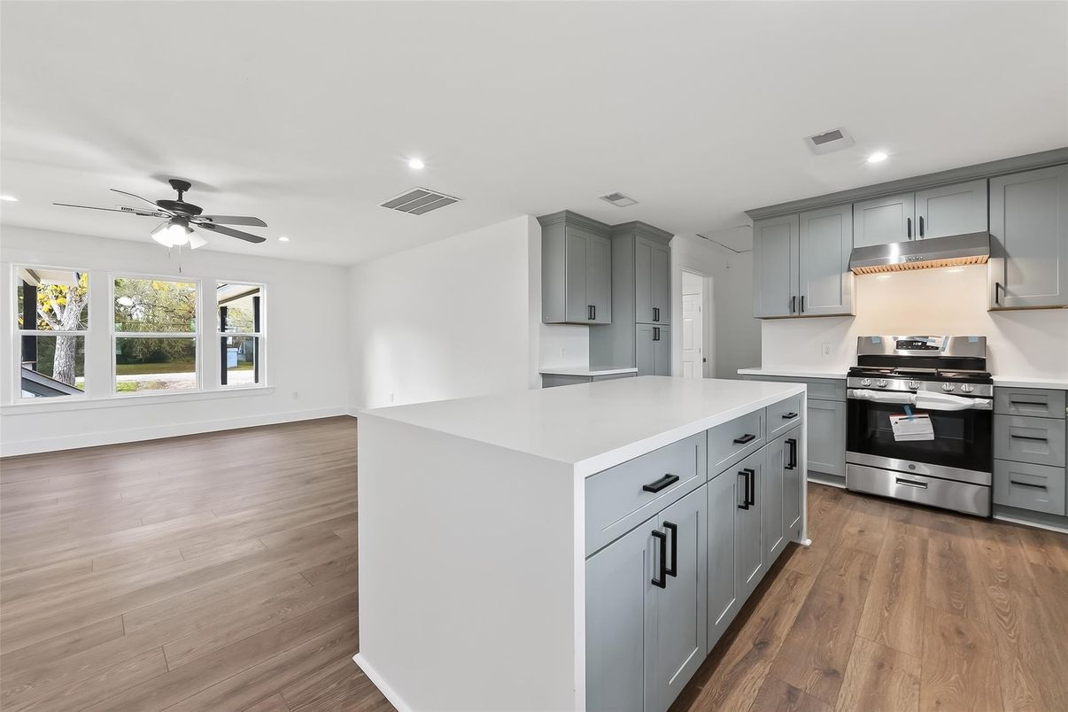 Interior, Kitchen, Recessed Lighting, Stainless Steel Appliances, Wood Texture Flooring