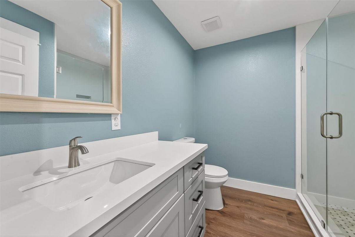 Bathroom, Glass Shower, Interior, Wood Texture Flooring