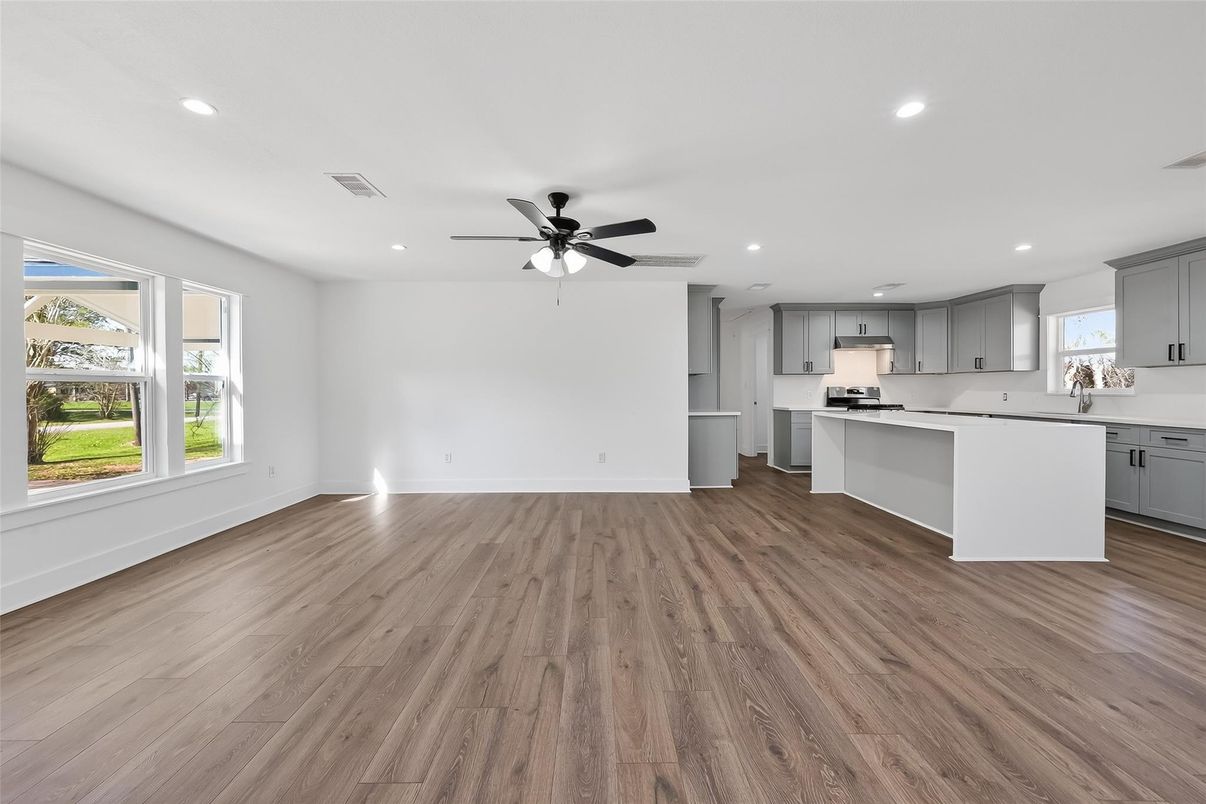 Empty room, Interior, Kitchen, Recessed Lighting, Wood Texture Flooring