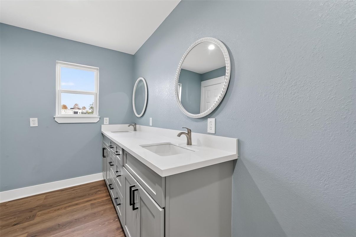 Bathroom, Dual Sink Vanities, Interior, Wood Texture Flooring