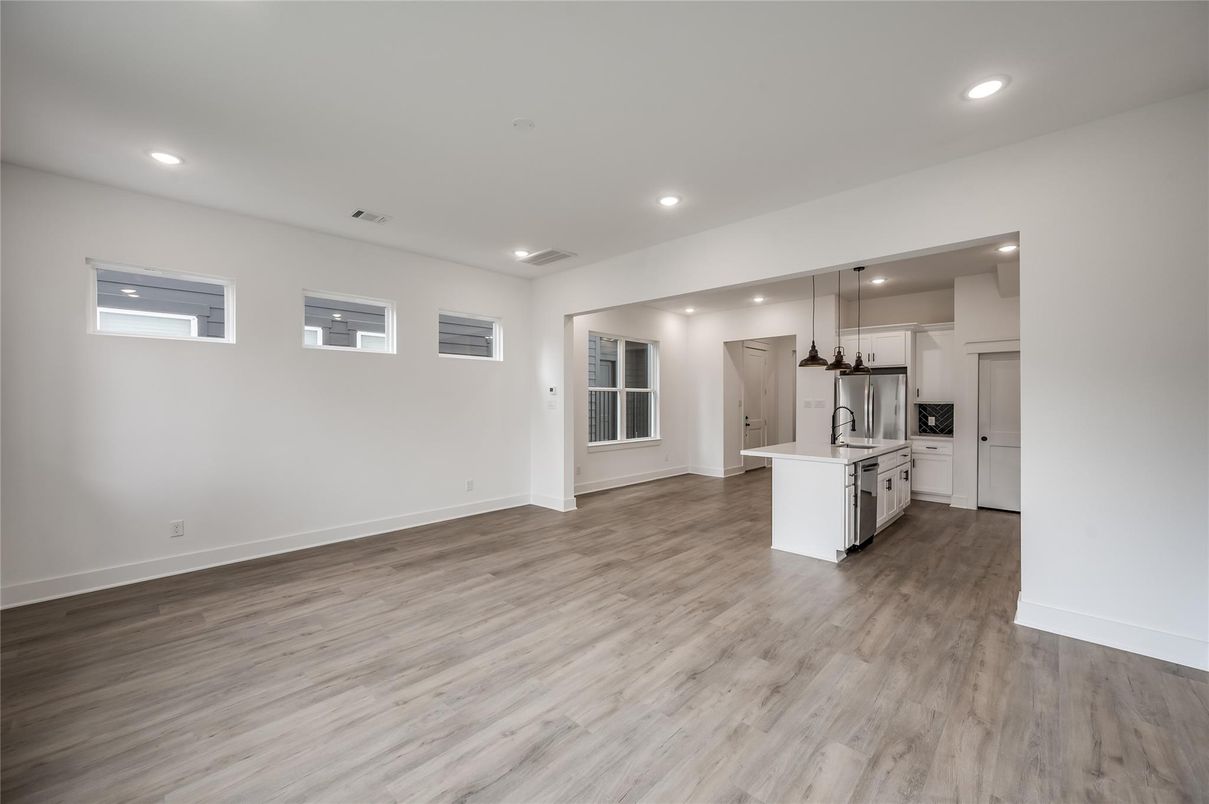 Empty room, Interior, Kitchen, Pendant Lights, Recessed Lighting, Wood Texture Flooring