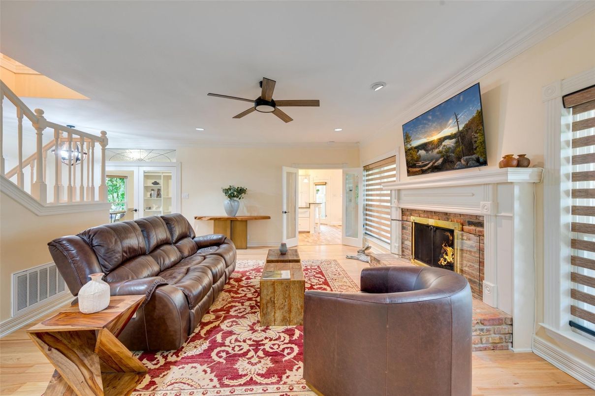 Fireplace, Interior, Living room, Recessed Lighting, Wood Texture Flooring