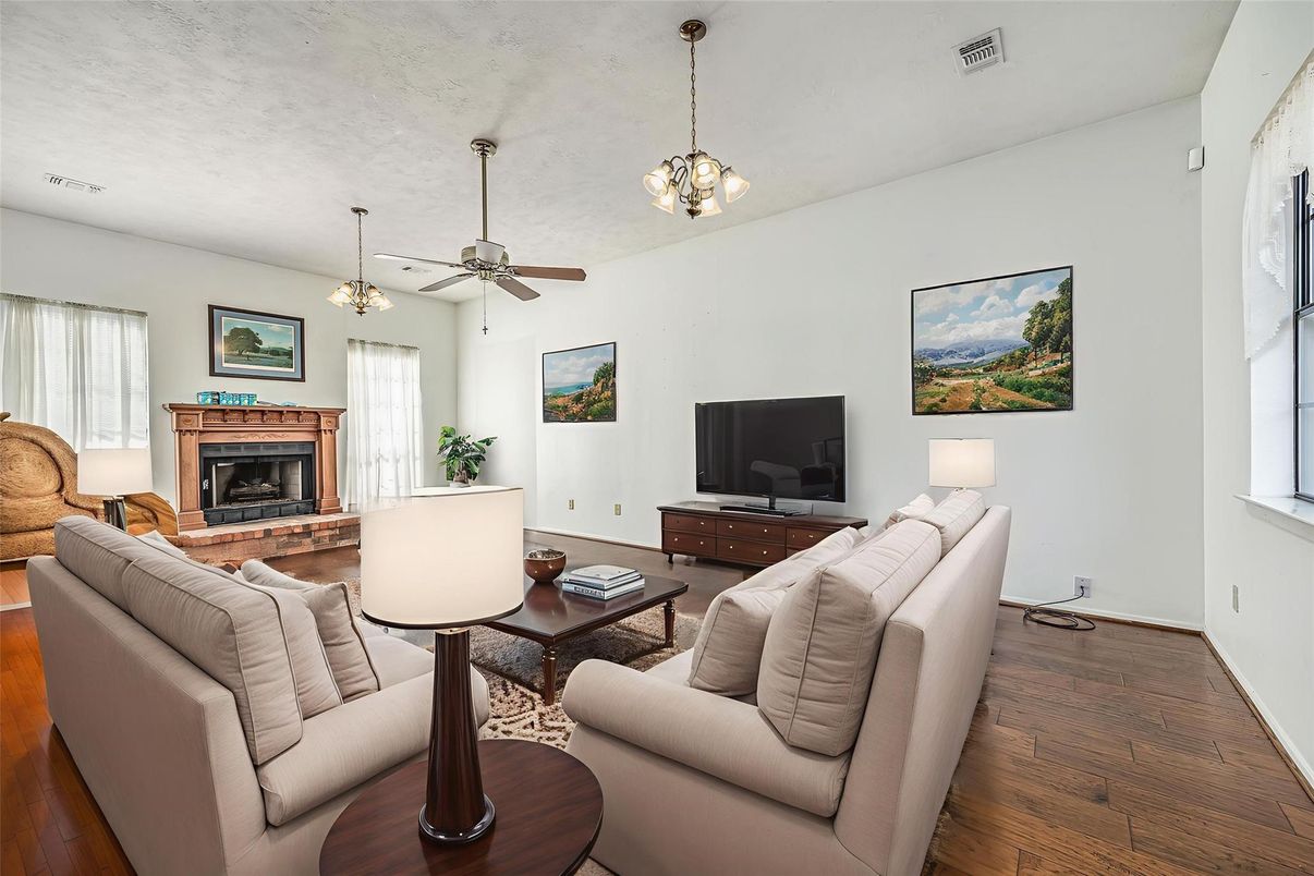 Fireplace, Interior, Living room, Pendant Lights, Wood Texture Flooring