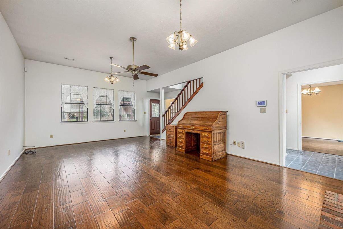 Chandelier, Empty room, Fireplace, Interior, Pendant Lights, Wood Texture Flooring