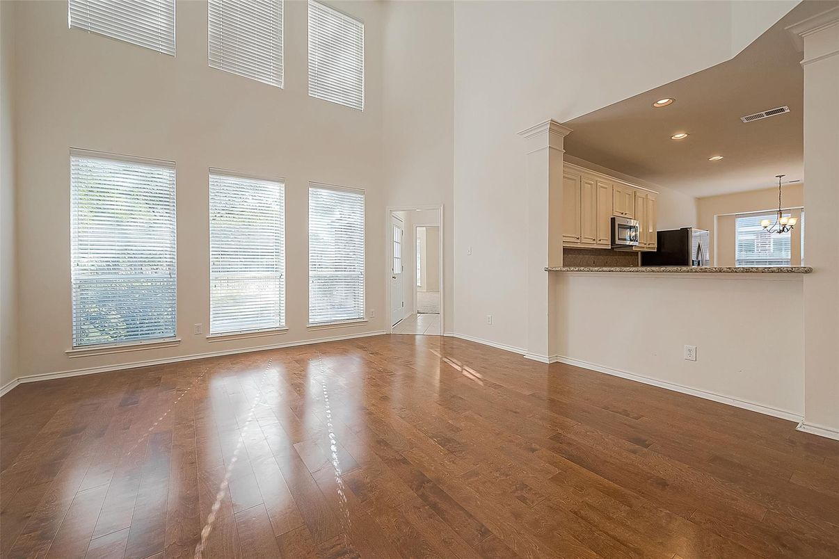 Empty room, Interior, Pendant Lights, Recessed Lighting, Wood Texture Flooring