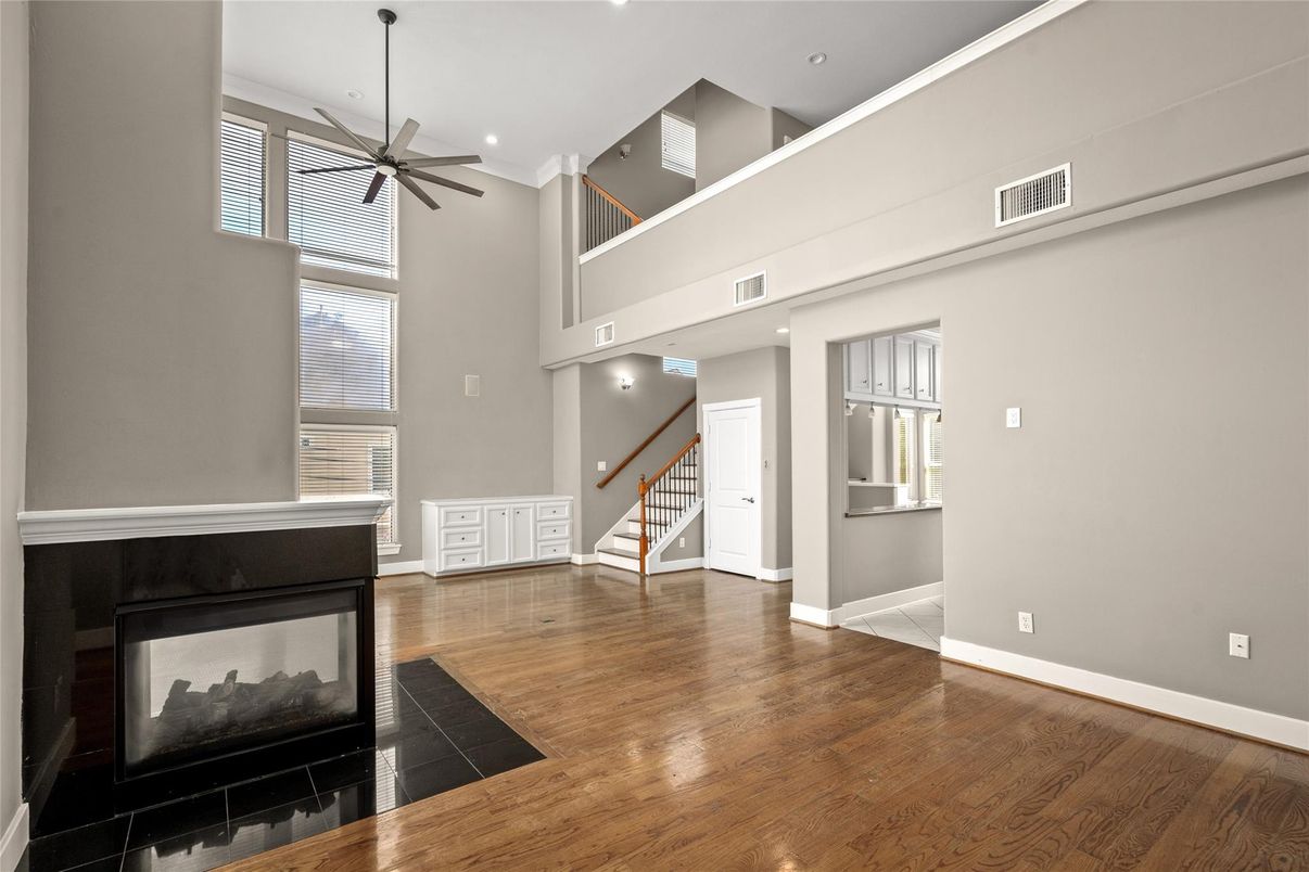 Fireplace, Interior, Pendant Lights, Recessed Lighting, Wood Texture Flooring