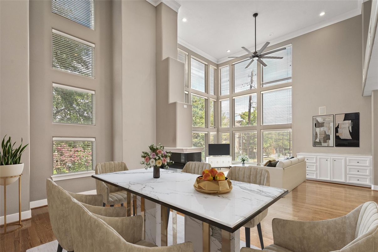 Dining room, Interior, Pendant Lights, Recessed Lighting, Wood Texture Flooring