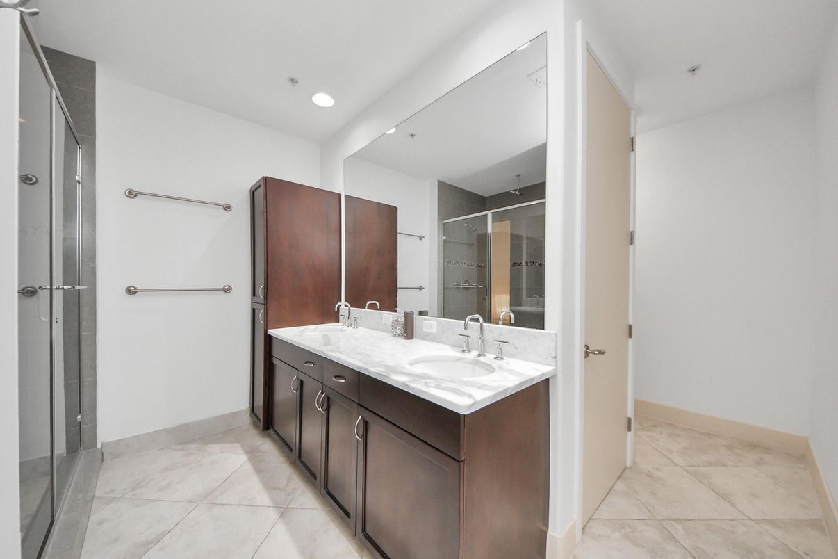 Bathroom, Dual Sink Vanities, Glass Shower, Interior, Recessed Lighting