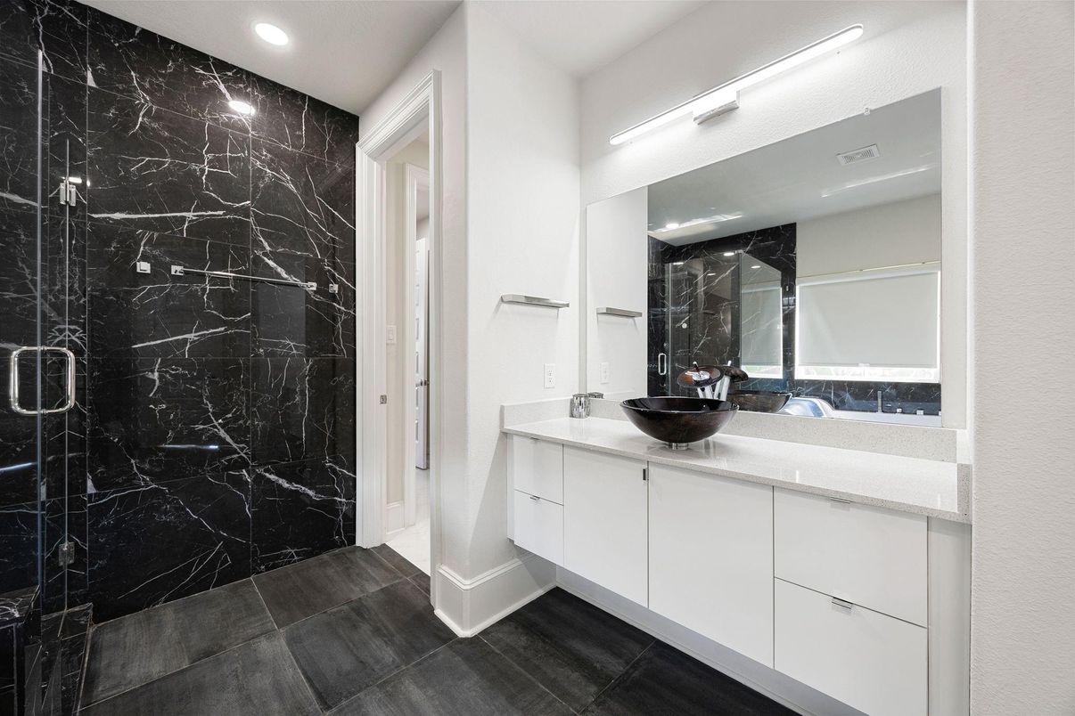Bathroom, Dual Sink Vanities, Interior, Marble Walls, Recessed Lighting
