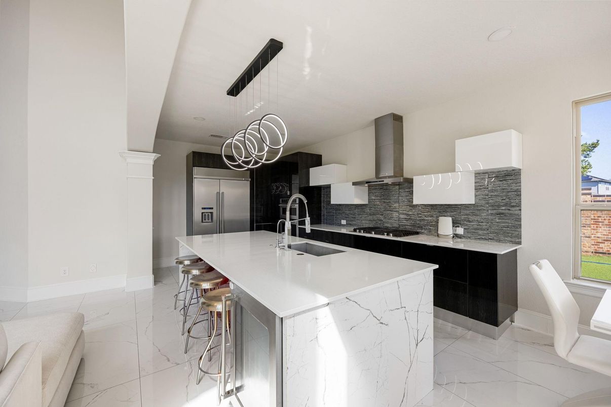 Interior, Kitchen, Marble, Pendant Lights, Recessed Lighting, Stainless Steel Appliances