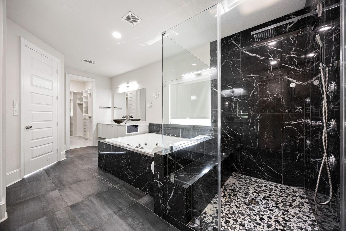 Bathroom, Glass Shower, Interior, Marble Walls, Recessed Lighting