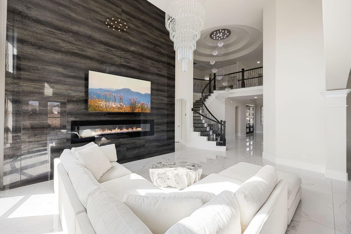 Chandelier, Fireplace, Interior, Living room, Marble, Recessed Lighting