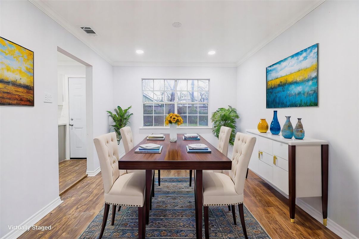 Dining room, Interior, Recessed Lighting, Wood Texture Flooring