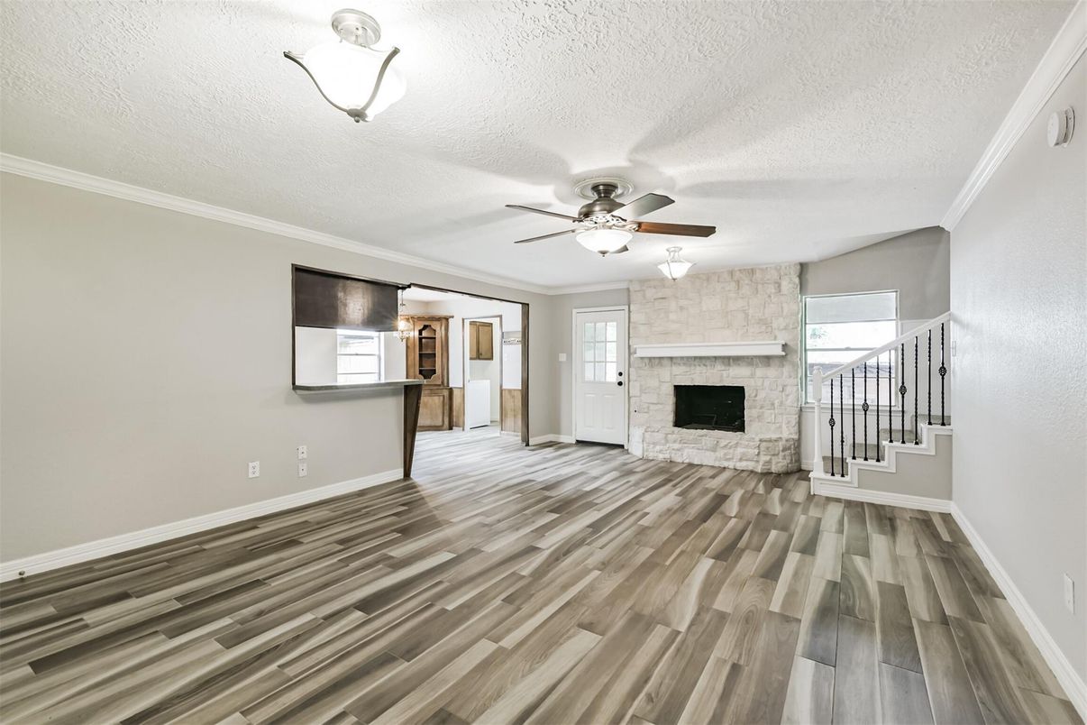 Empty room, Fireplace, Interior, Stone Walls, Wood Texture Flooring