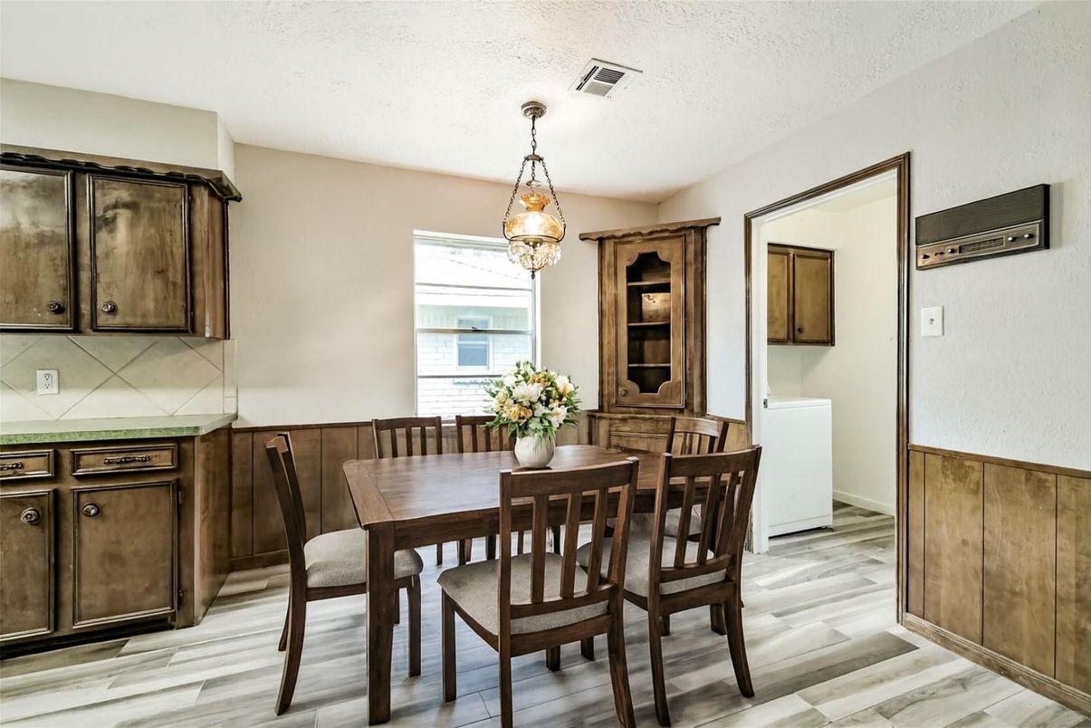 Dining room, Interior, Pendant Lights, Wood Texture Flooring