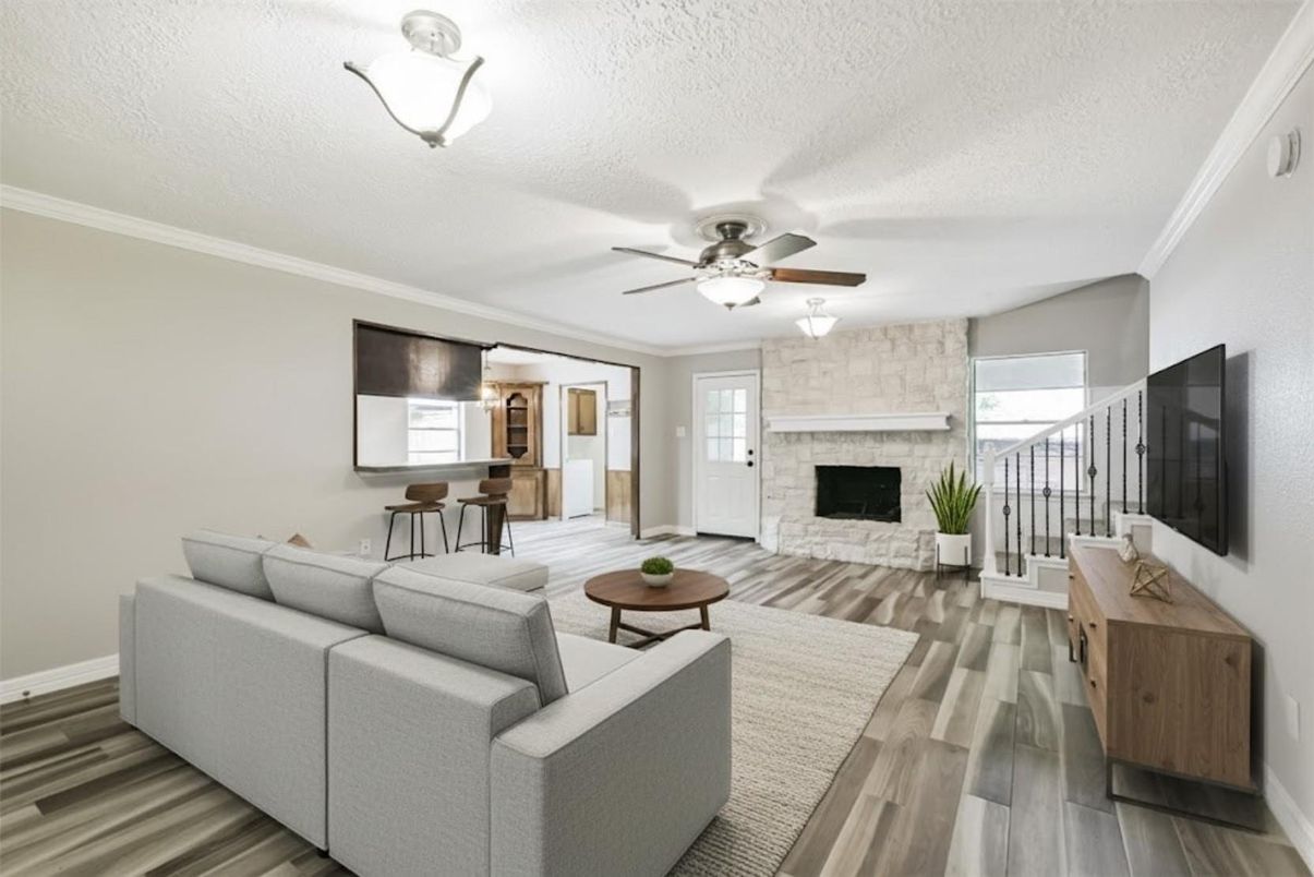 Fireplace, Interior, Living room, Stone Walls, Wood Texture Flooring