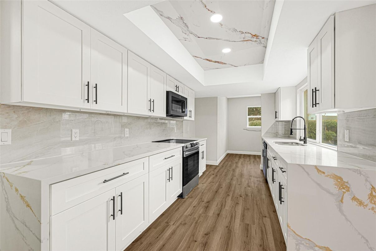 Interior, Kitchen, Marble Walls, Recessed Lighting, Wood Texture Flooring