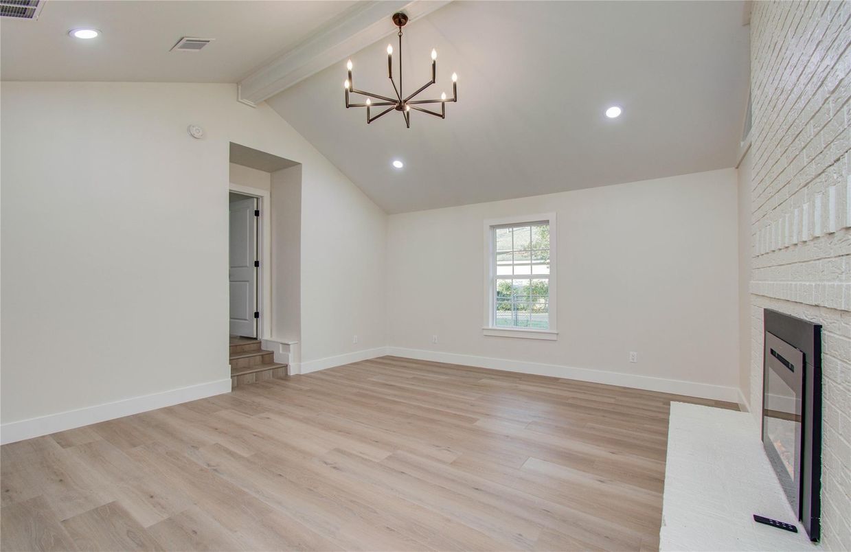 Empty room, Interior, Pendant Lights, Recessed Lighting, Wood Texture Flooring