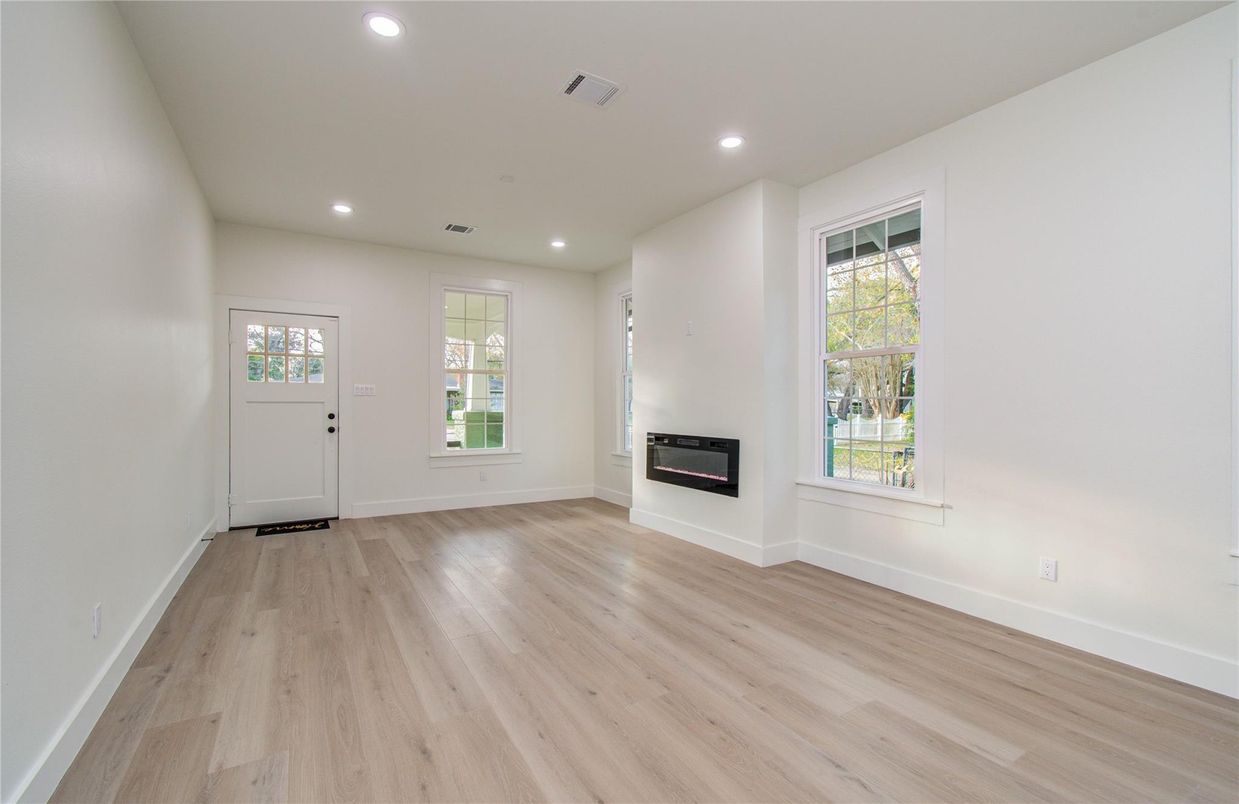 Empty room, Fireplace, Interior, Recessed Lighting, Wood Texture Flooring