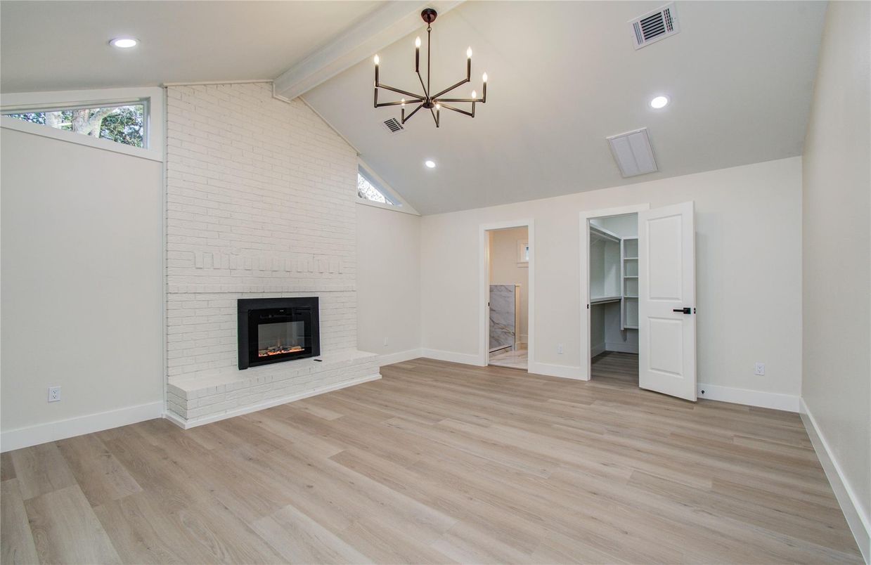 Empty room, Fireplace, Interior, Pendant Lights, Recessed Lighting, Wood Texture Flooring