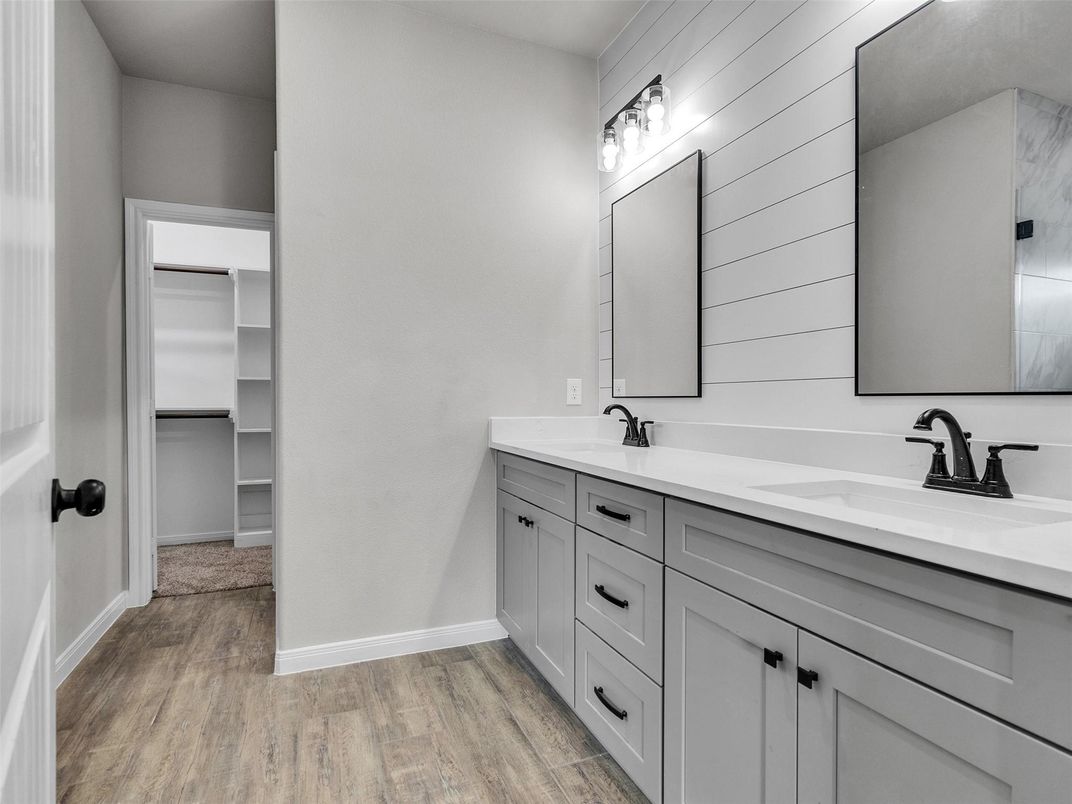 Bathroom, Dual Sink Vanities, Interior, Walk-in Closets, Wood Texture Flooring