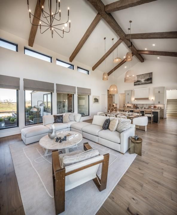 Chandelier, Dining room, Interior, Kitchen, Living room, Pendant Lights, Recessed Lighting, Wooden Beams, Wood Texture Flooring