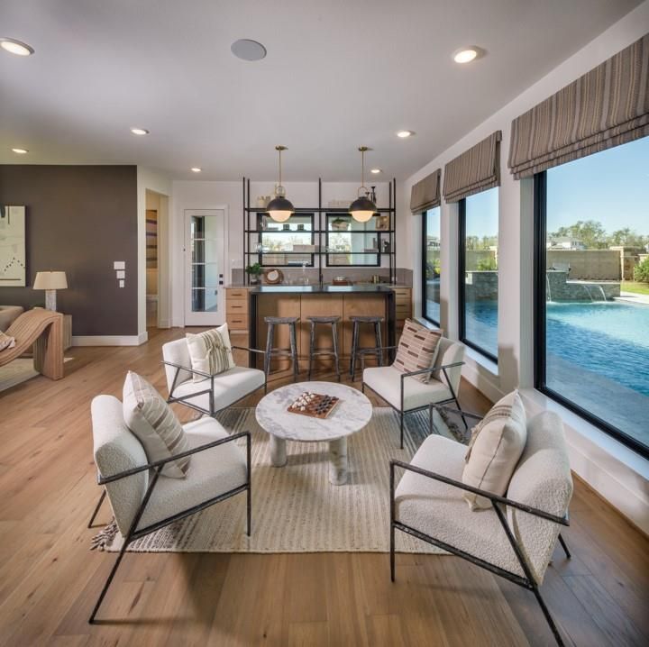 Interior, Living room, Pendant Lights, Recessed Lighting, Wood Texture Flooring