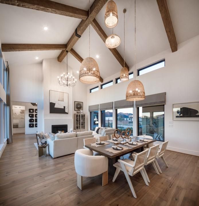 Chandelier, Dining room, Fireplace, Interior, Living room, Pendant Lights, Recessed Lighting, Wooden Beams, Wood Texture Flooring