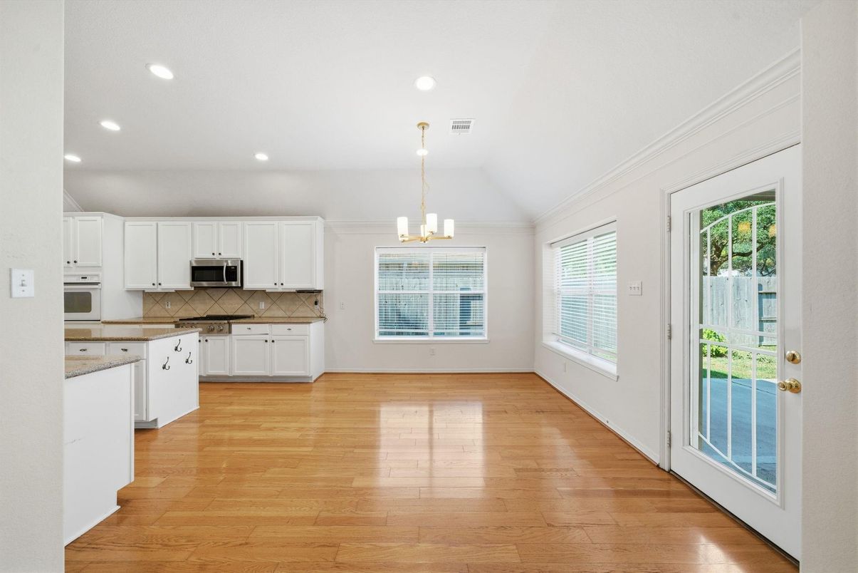 Chandelier, Empty room, Interior, Kitchen, Pendant Lights, Recessed Lighting, Wood Texture Flooring