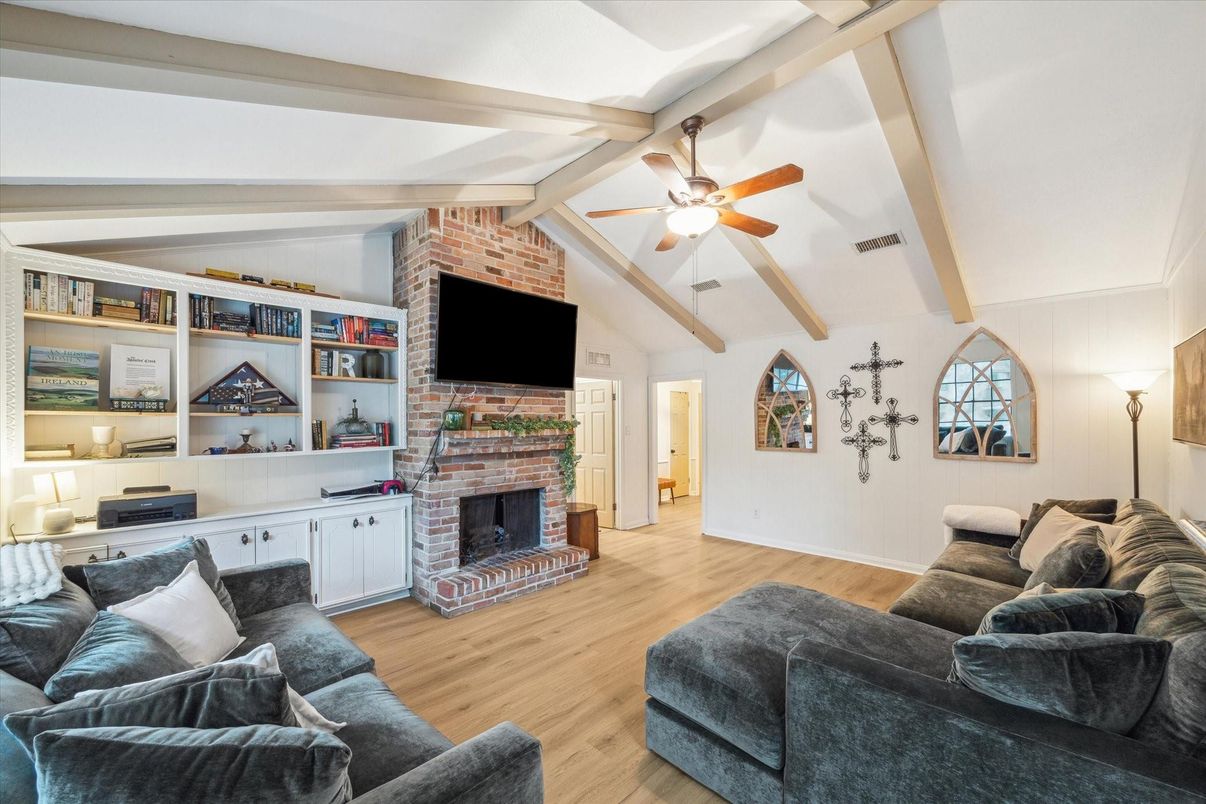 Fireplace, Interior, Living room, Stone Walls, Wood Texture Flooring